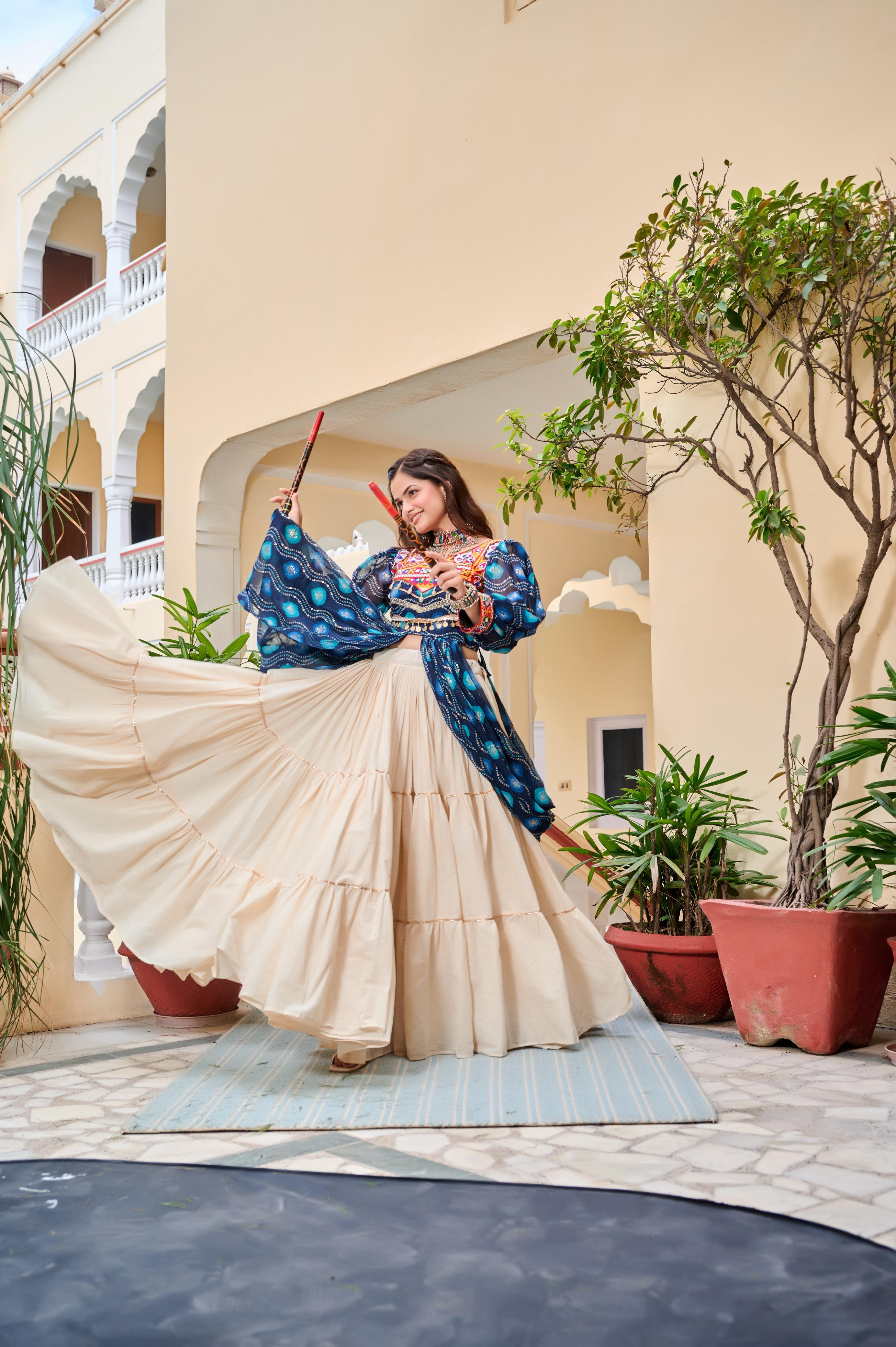 Blue Authentic Gamthi Work Garba Navratri Chaniya Choli with Shrug