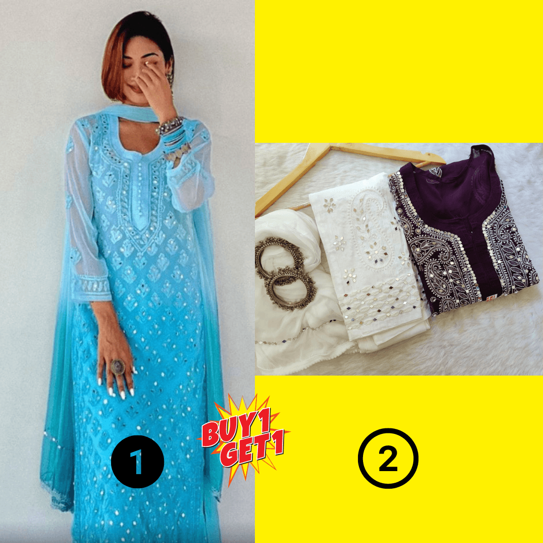 Buy 1 Get 1 Combo Price Chikankari Elegance Ombré Mirror Booti Jaal Set (Aqua Blue / Wine Set) - Inayakhan Shop