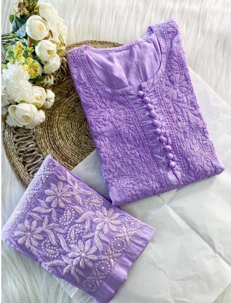 Lavender Cotton Chikankari Hand Work Kurti Suit Designs - Inayakhan Shop