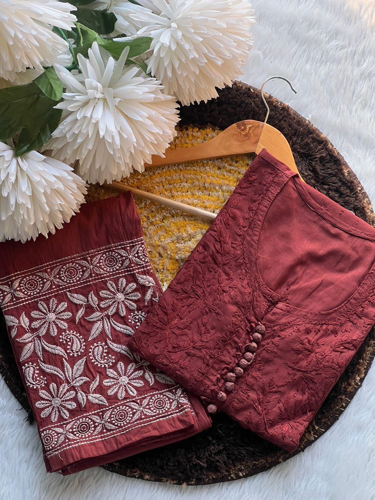 Maroon Cotton Chikankari Hand Work Kurti Suits Online - Inayakhan Shop