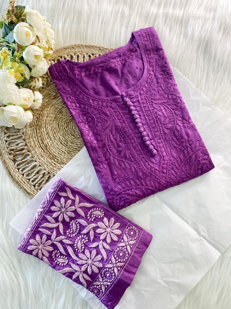 Purple Cotton Chikankari Hand Work Kurta Pant Suits - Inayakhan Shop