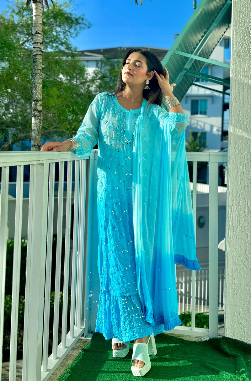 Lucknow Chikankari Mirror work Sharara Pant Kurti Sets