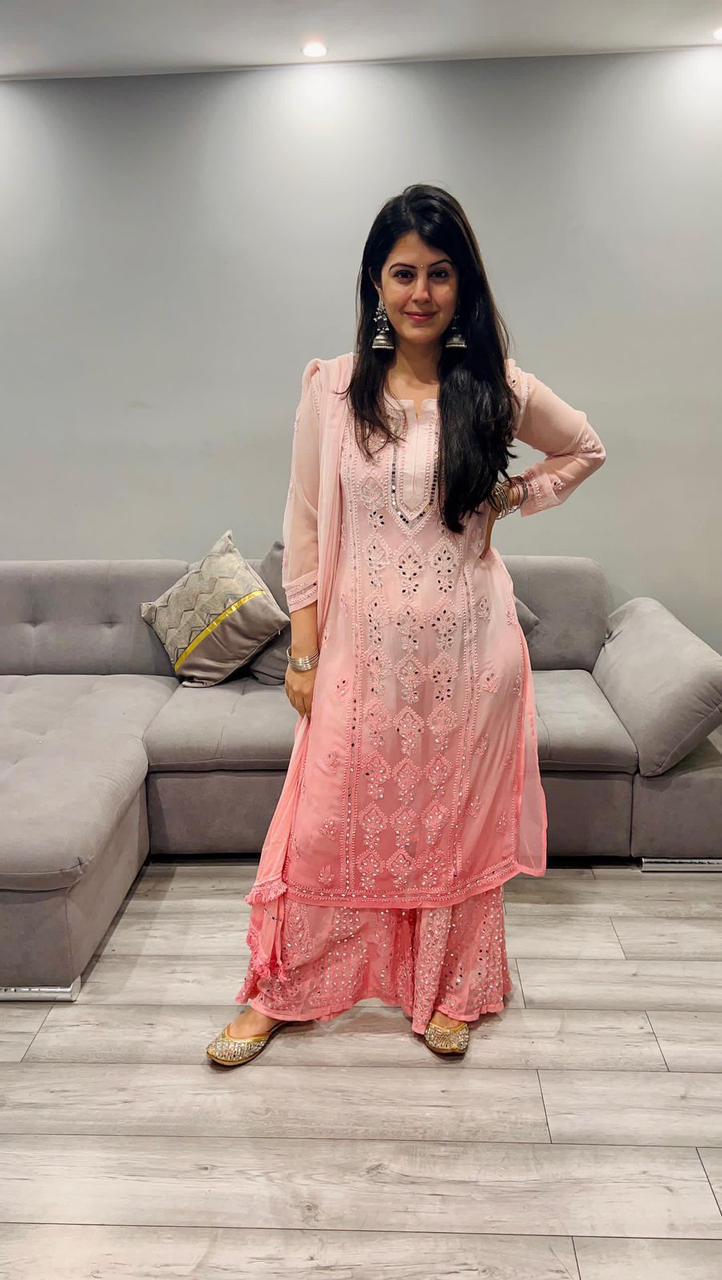 Peach Pink Chikankari Elegance Ombré Mirror Booti Jaal Set - Kurti, Sharara & Dupatta