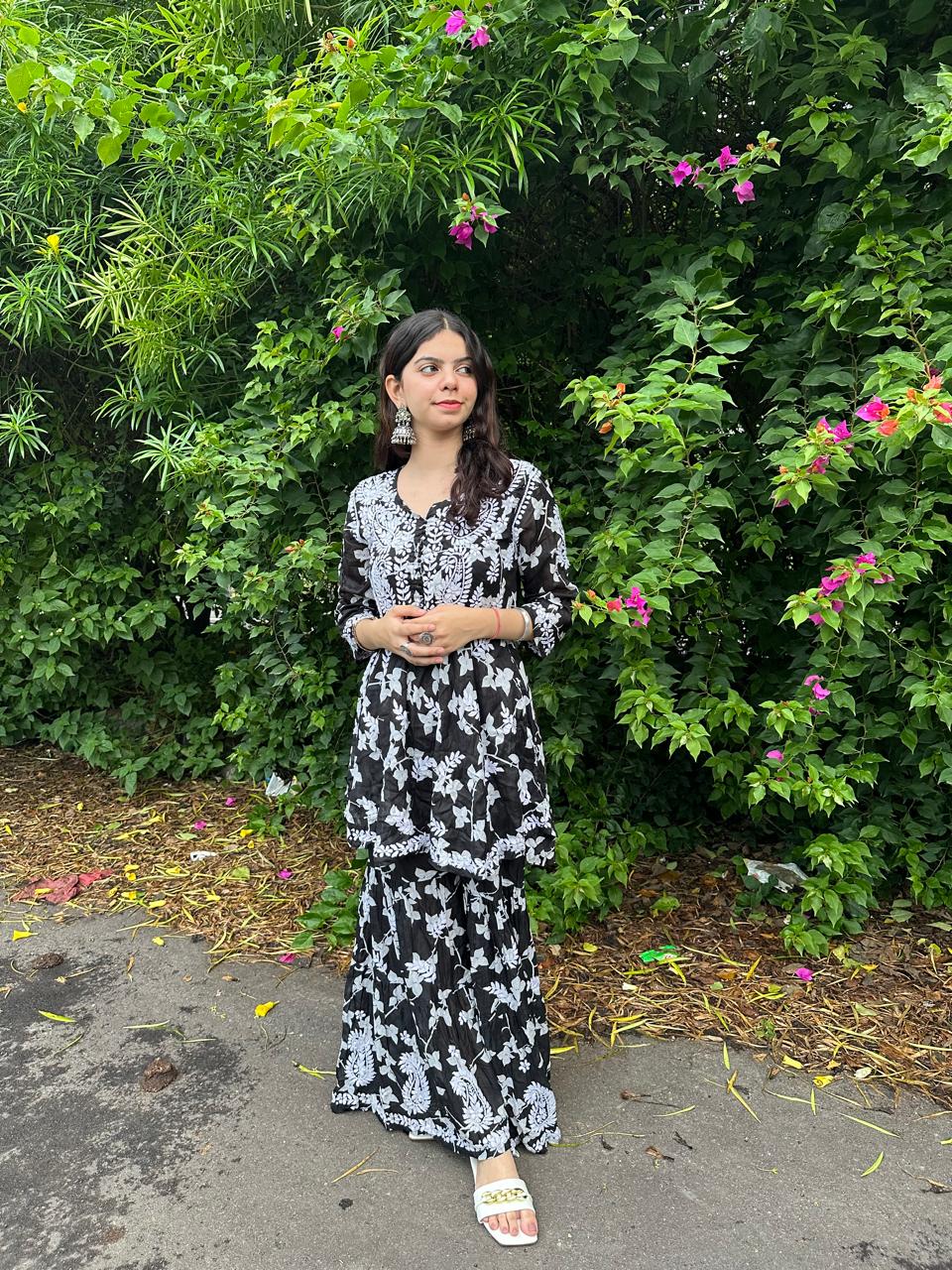 Classy Black Premium Lucknow Chikankari Mulmul Gharara Set