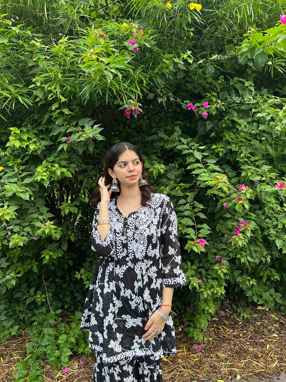 Classy Black Premium Lucknow Chikankari Mulmul Gharara Set