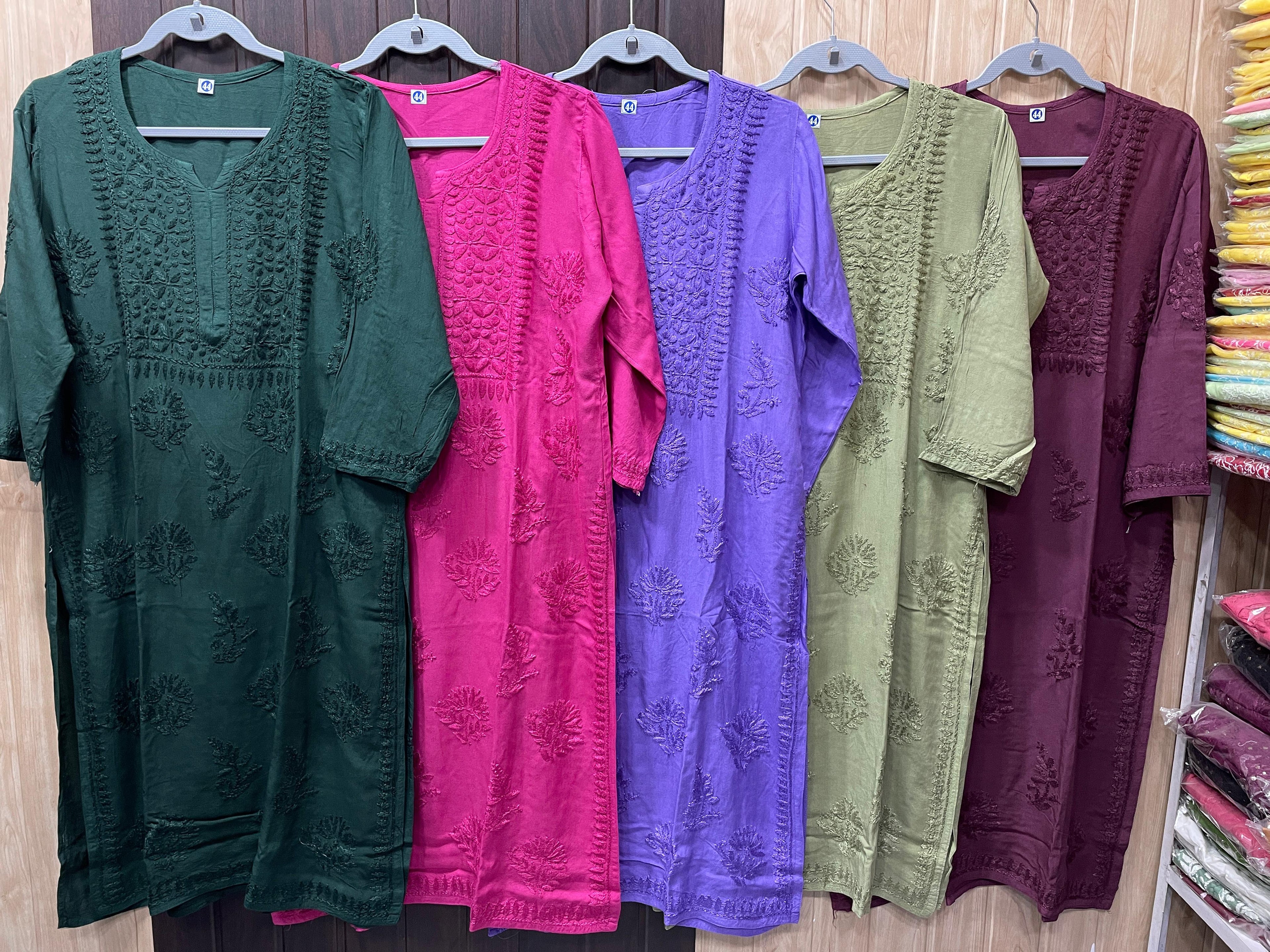 Maroon Elegant Lucknow Chikankari Handcrafted 3-Piece Rayon Kurti, Pallazo, and Dupatta Set
