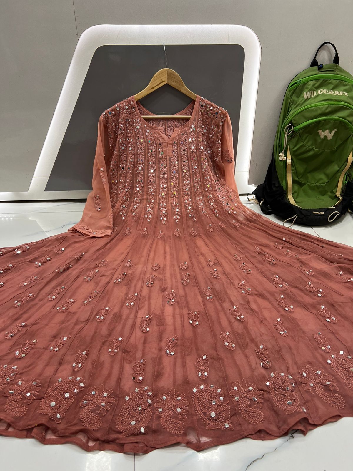 Brown 56 Kali Dye Mirror Lucknowi Chikankari Anarkali Kurta Up to 4XL