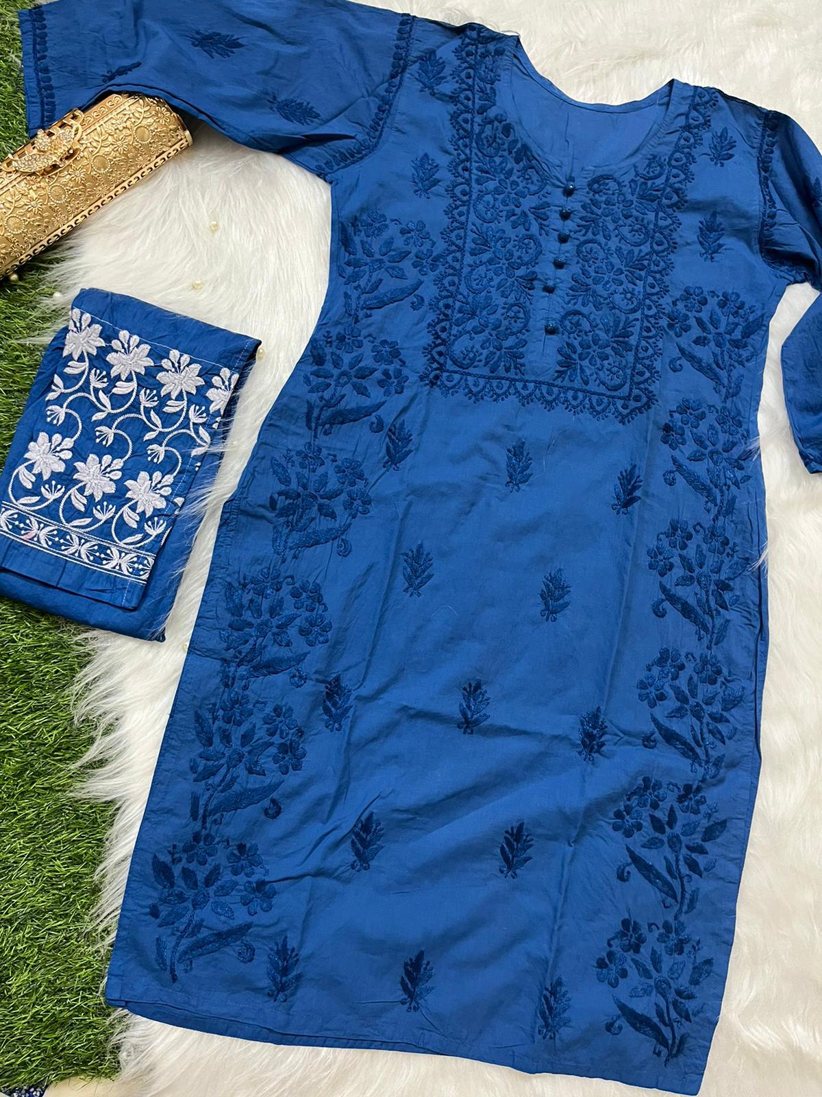 Royal Blue Cotton Chikankari Hand Work Kurta Pant Suits