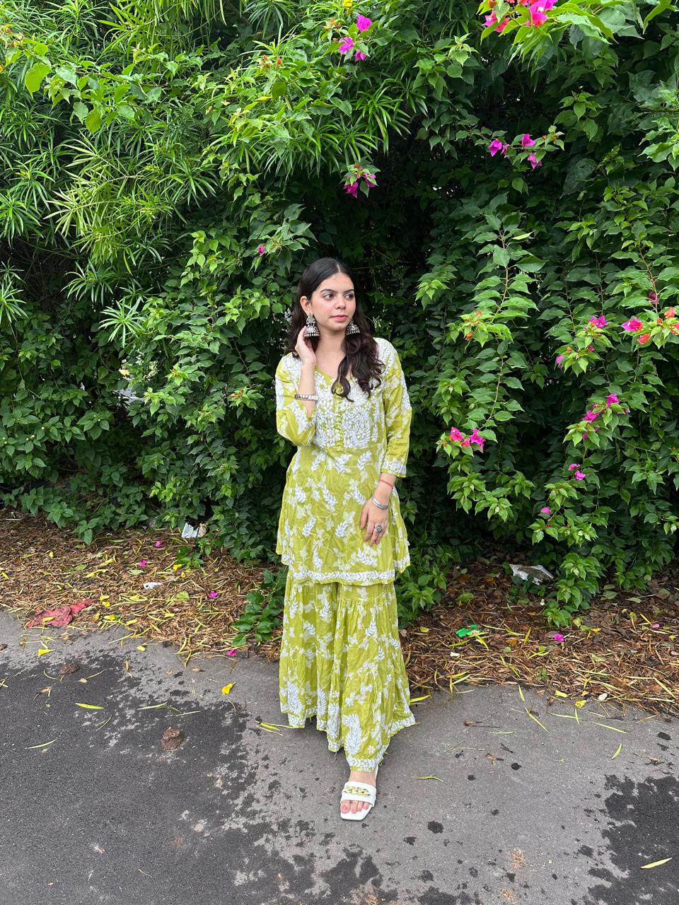 Green Premium Lucknow Chikankari Mulmul Gharara Set
