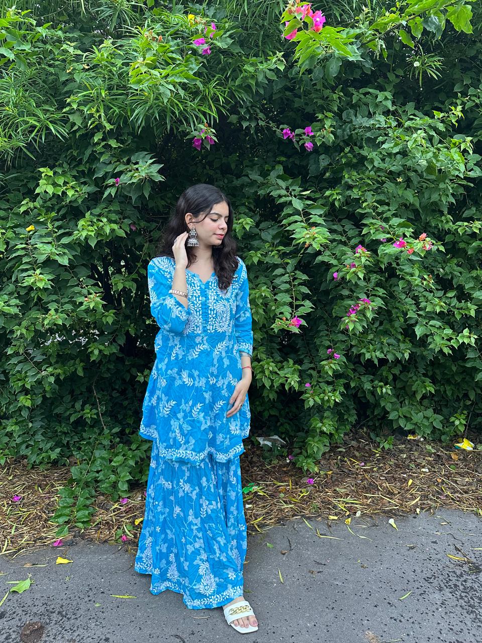 Blue Premium Lucknow Chikankari Mulmul Gharara Set