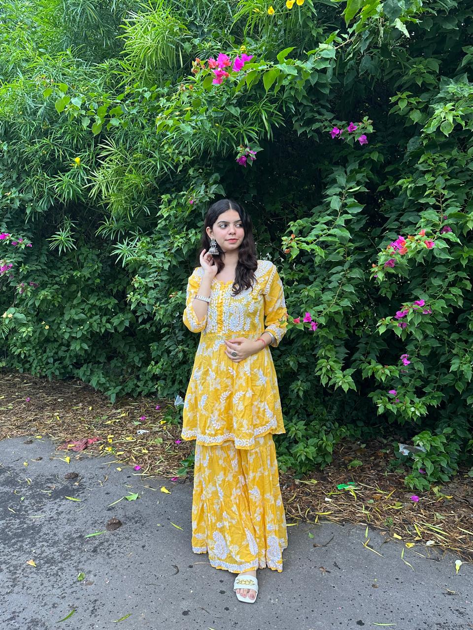 Yellow Premium Lucknow Chikankari Mulmul Gharara Set