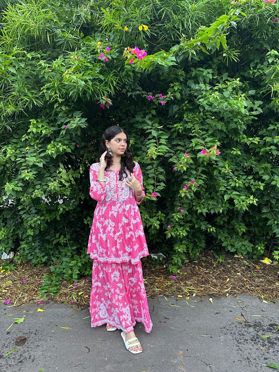 Pink Premium Lucknow Chikankari Mulmul Gharara Set