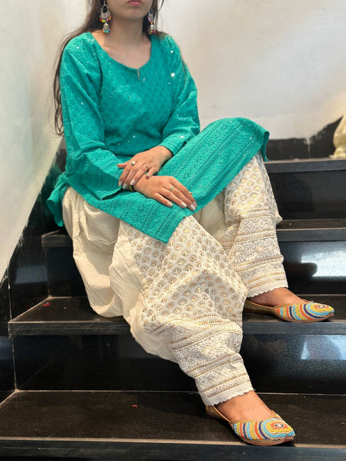 Aqua Punjabi Cotton Chikankari Kurti with Golden Sequin Patiala Salwar Set (Up to 4XL)
