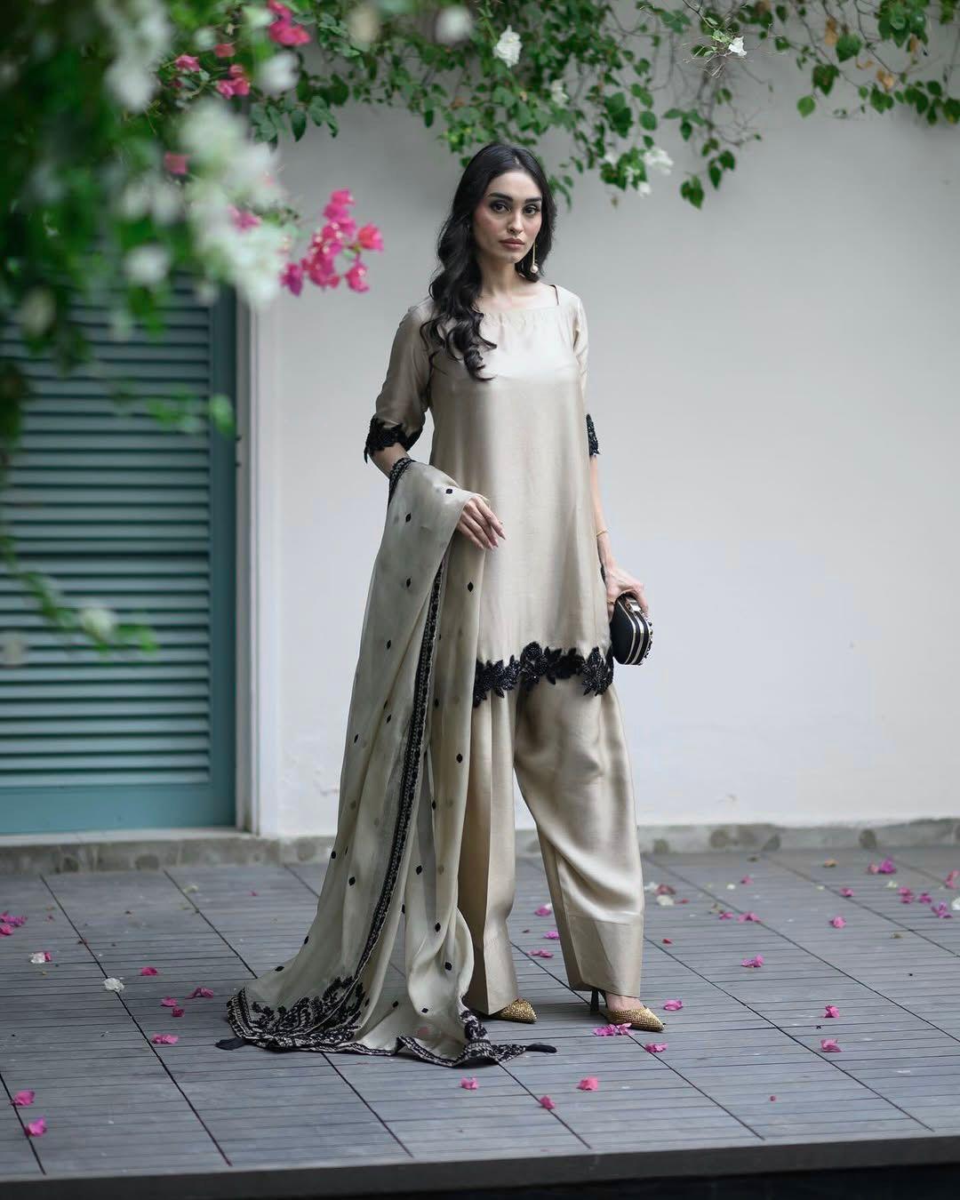 Beige Embroidered Star Georgette Farshi Salwar Suit | Ready to Wear