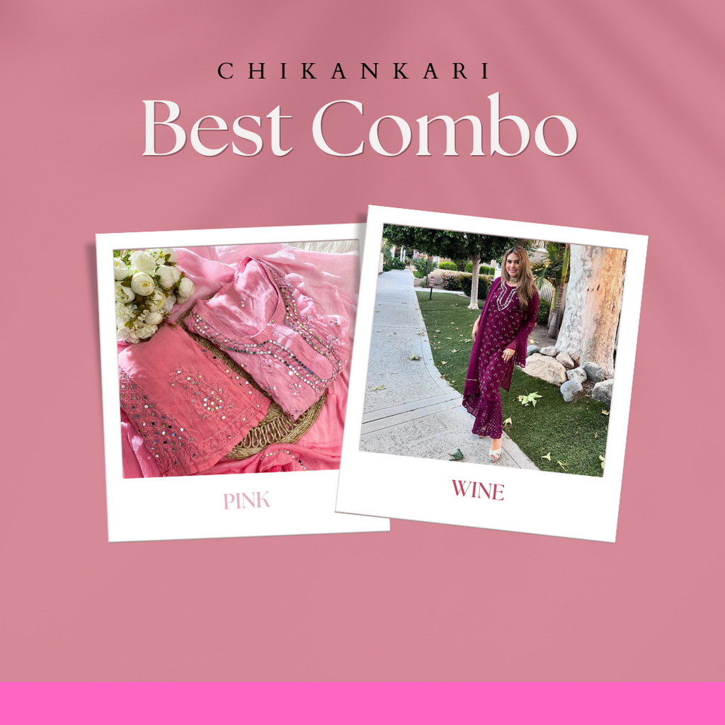 Best Combo Chikankari Elegance Ombré Mirror Booti Jaal Set (Pink / Wine)
