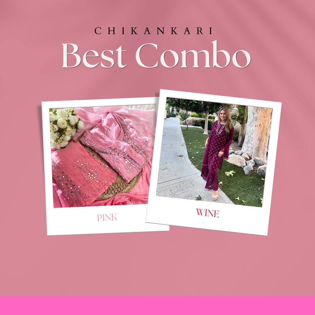 Best Combo Chikankari Elegance Ombré Mirror Booti Jaal Set (Pink / Wine)
