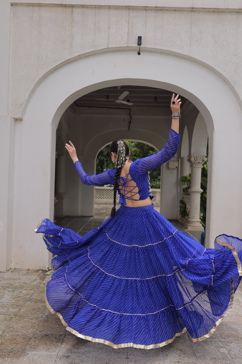 Blue Leheriya Print Garba Navratri Chaniya Choli with 12-Meter Flair