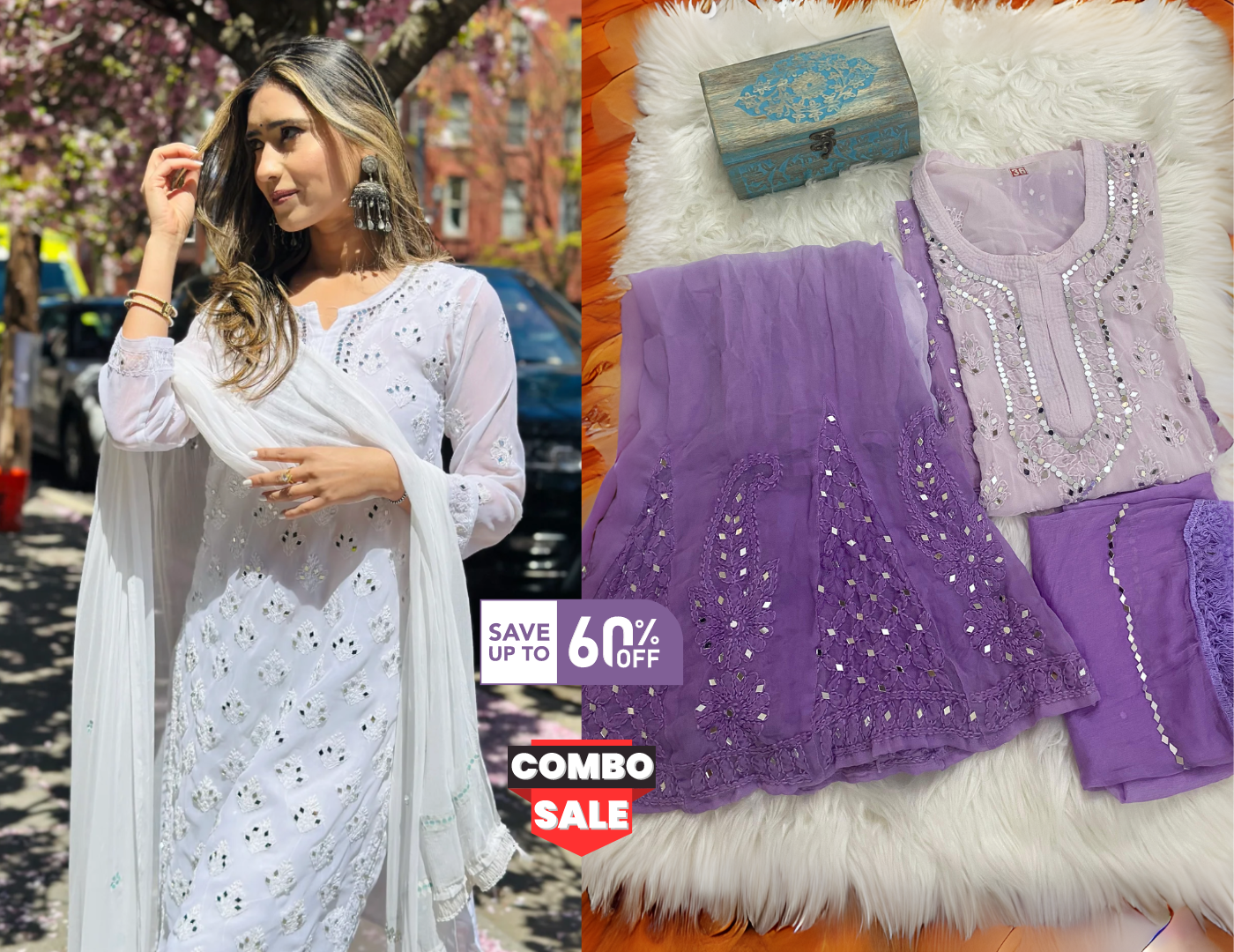 Set of 2 Combo Chikankari Elegance Ombré Mirror Set ( Lilac / White)