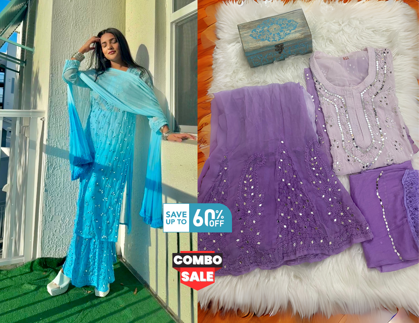 Set of 2 Combo Chikankari Elegance Ombré Mirror Set ( Lilac / Aqua Blue)