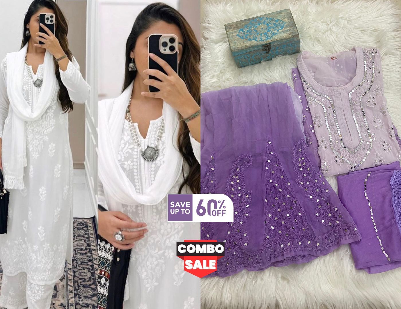 Set of 2 Combo Lilac Chikankari Ombré Mirror Set & White Chikankari Modal 3 Pc Set