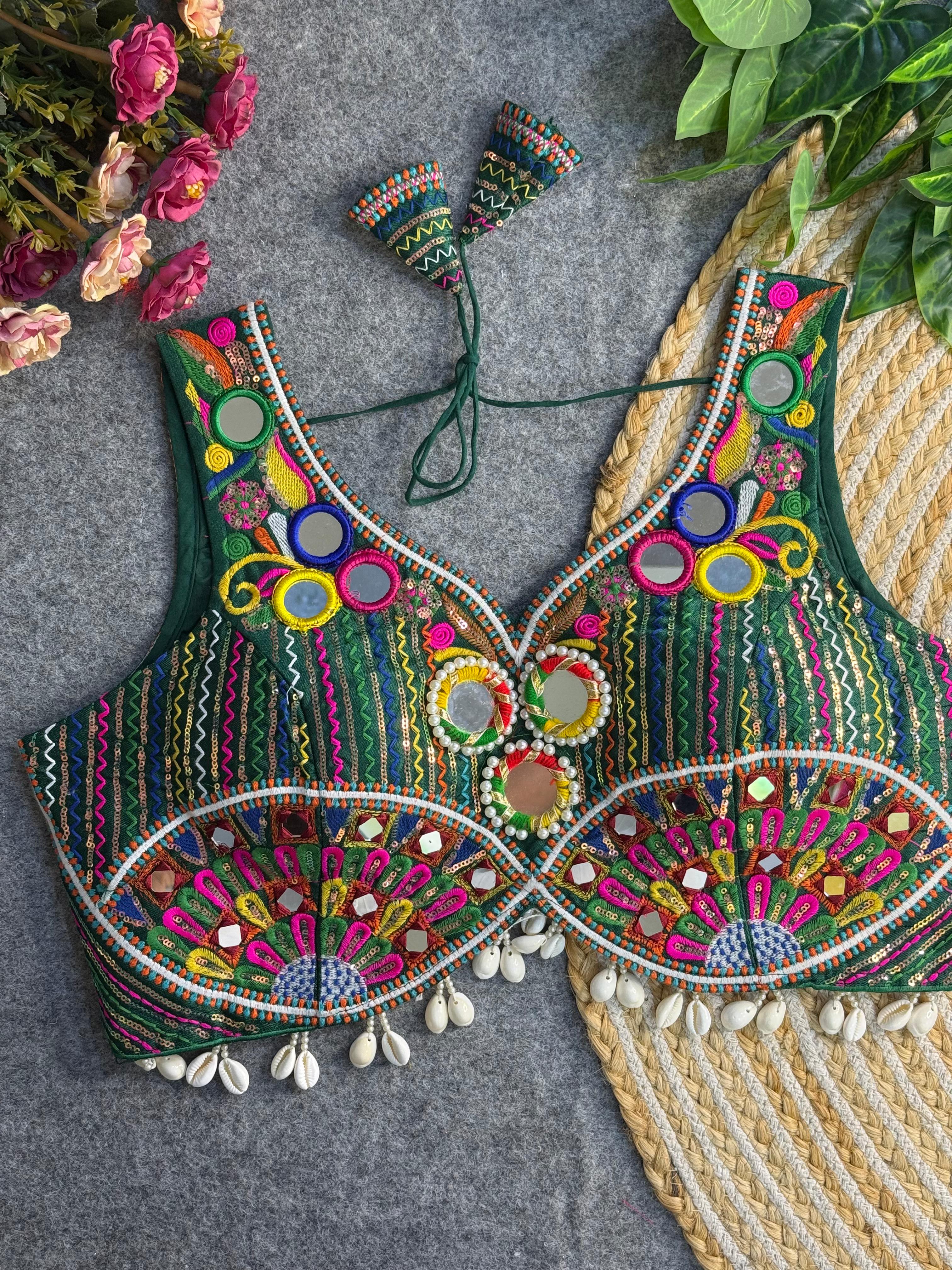 Green Navratri Radiance: Apple Cut Mirror Work Garba Choli