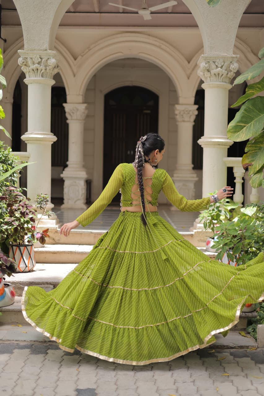 Green Leheriya Print Garba Navratri Chaniya Choli with 12-Meter Flair