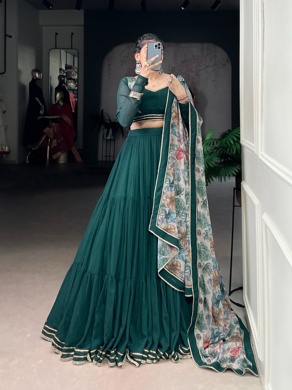 Dark Green Printed Marble Fabric Navratri Garba Chaniya Choli with 12-Meter Flair