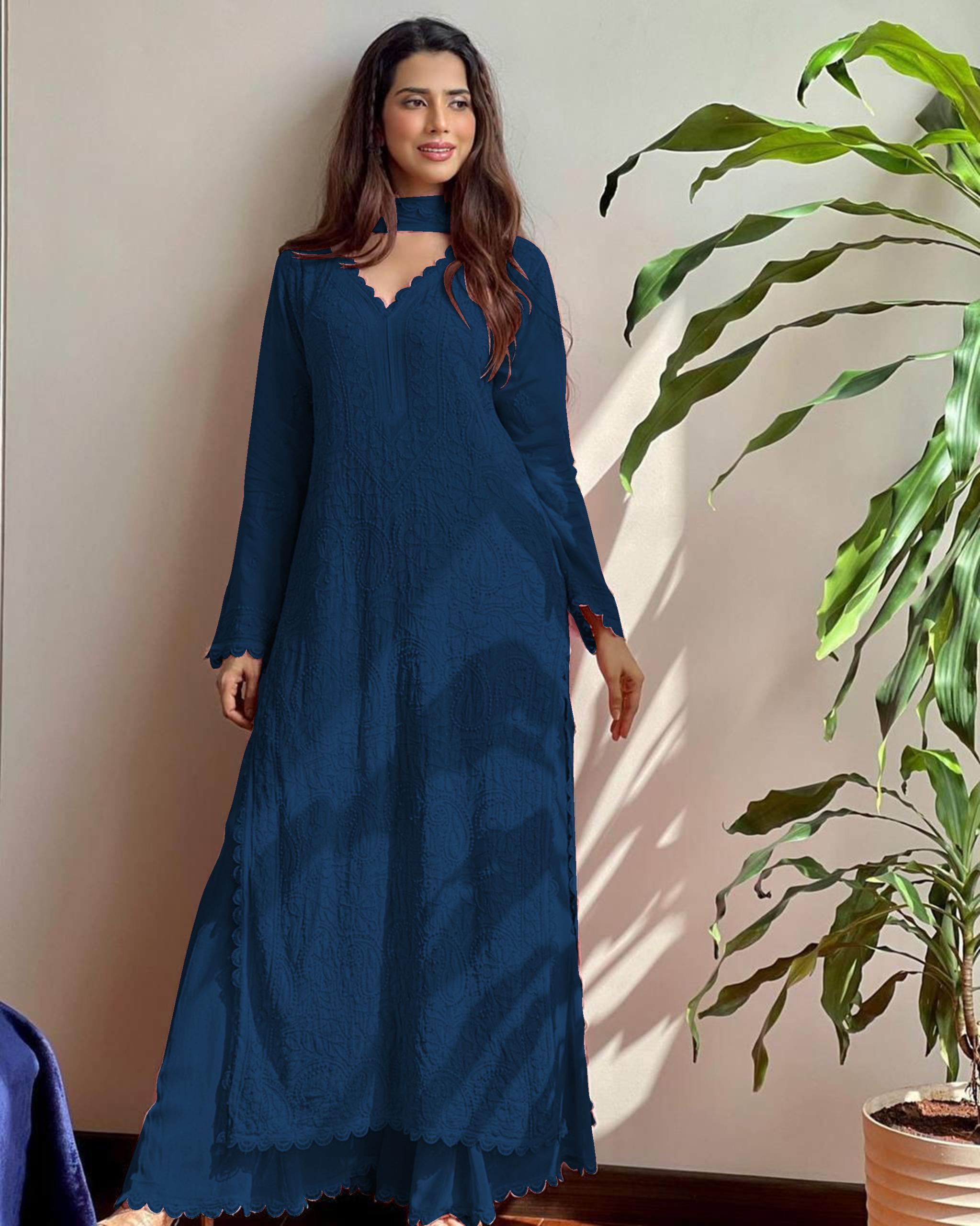 Ocean Blue Elegant Viscose Lucknow Chikankari Handwork Ensemble (New)