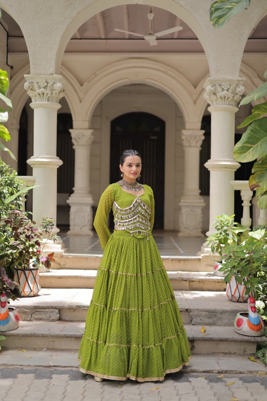 Green Leheriya Print Garba Navratri Chaniya Choli with 12-Meter Flair