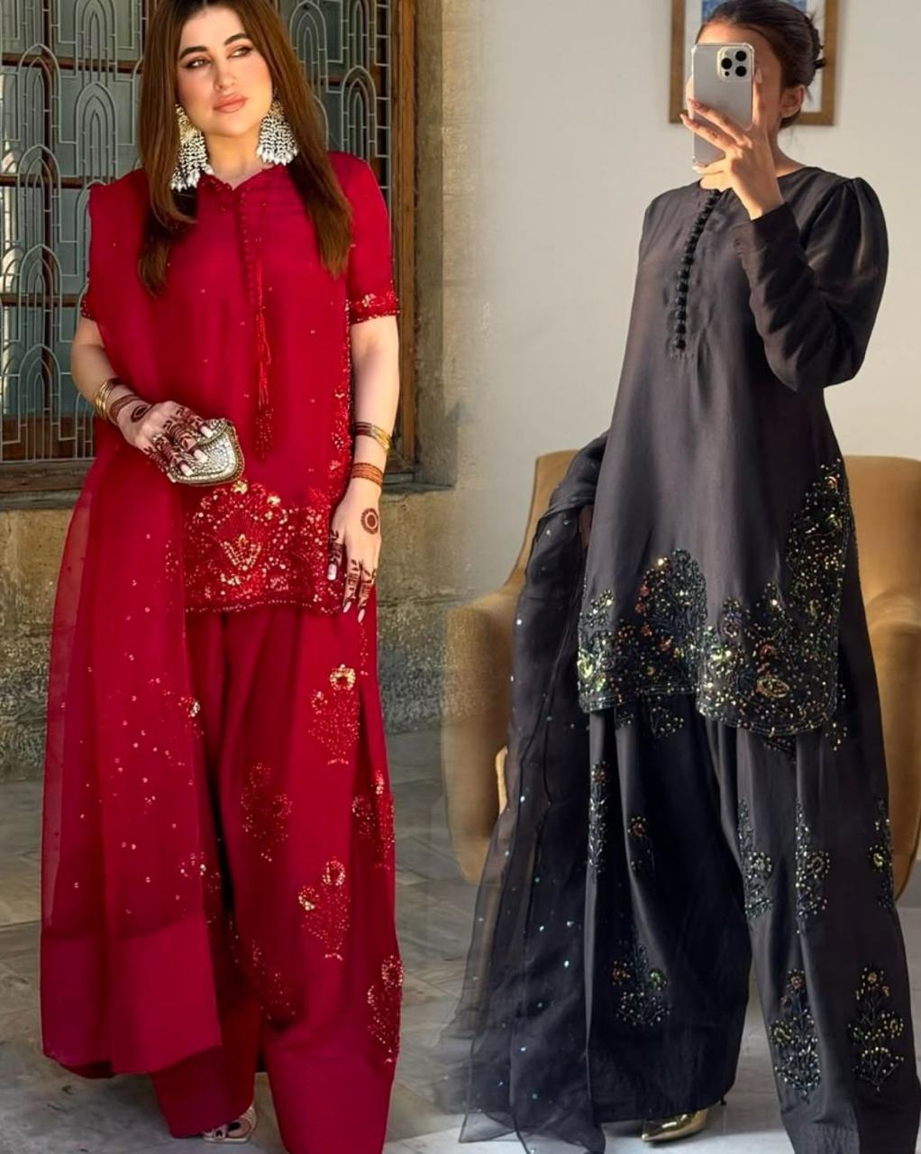 Red Elegant Embroidered Crepe Silk Farshi Salwar Kameez | Ready to Wear