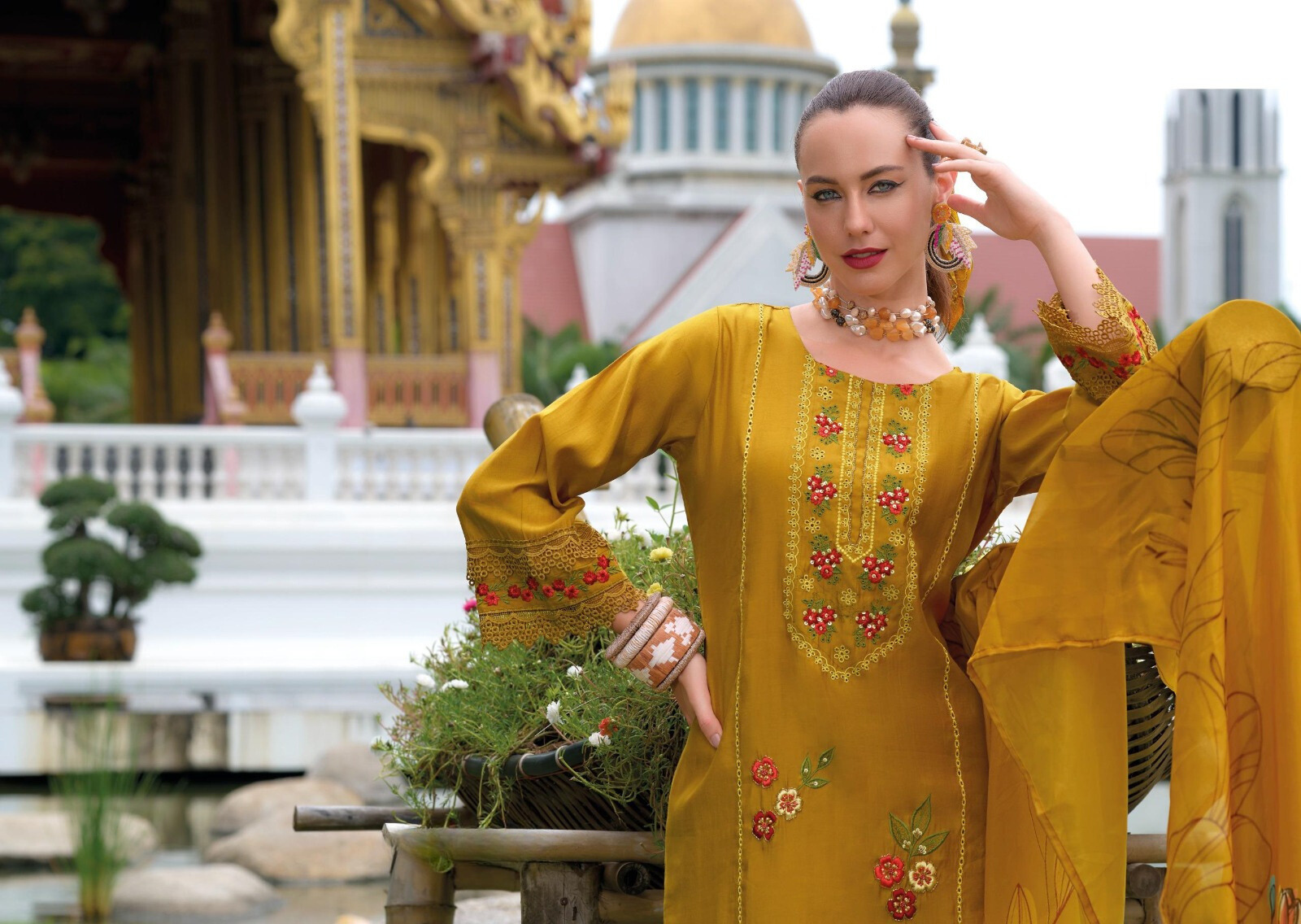 Mustard Yellow Pakistani Style Salwar Kameez Dupatta Set with Organza Dupatta