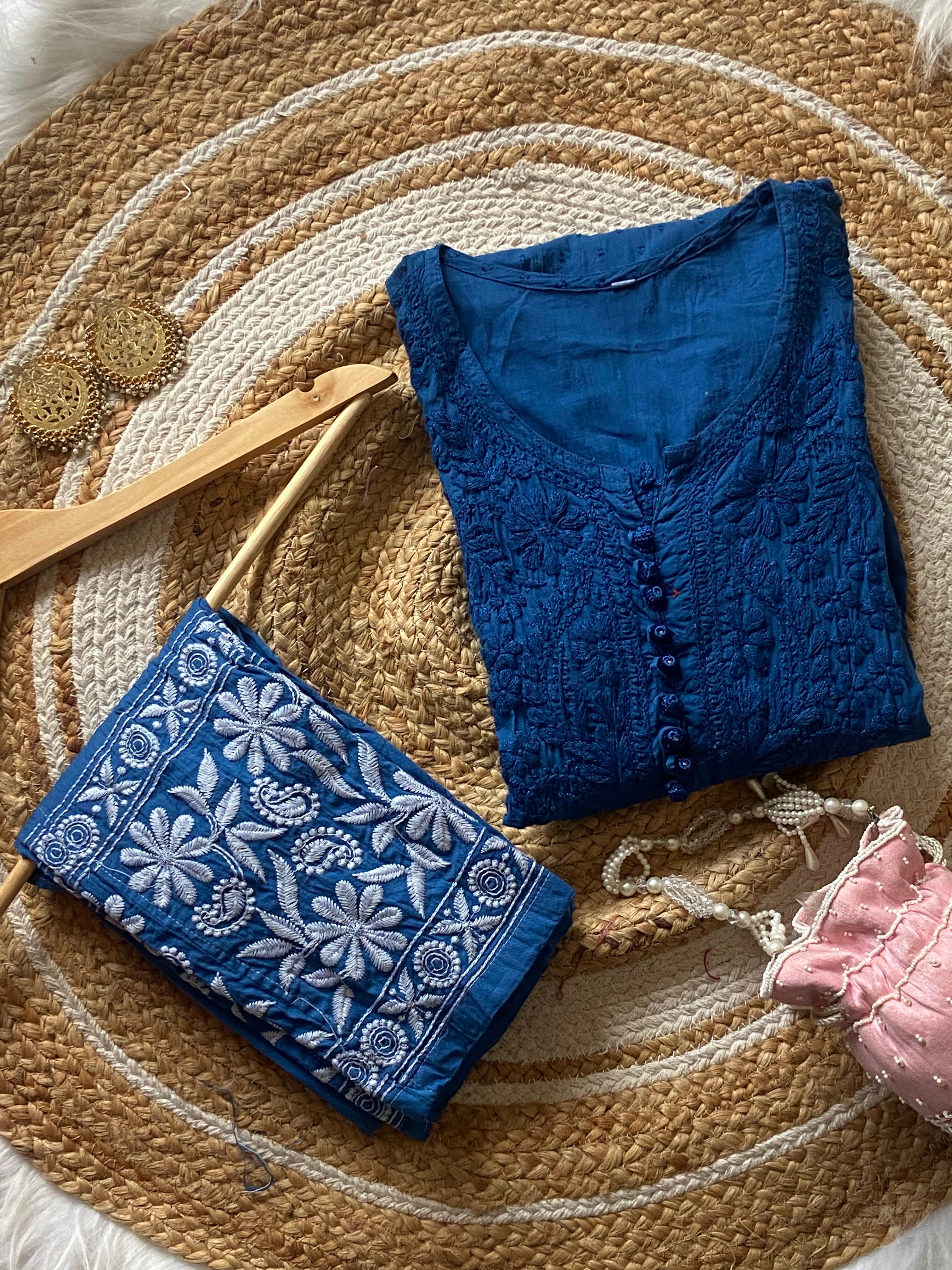 Royal Blue Cotton Chikankari Hand Work Kurta Pant Suits