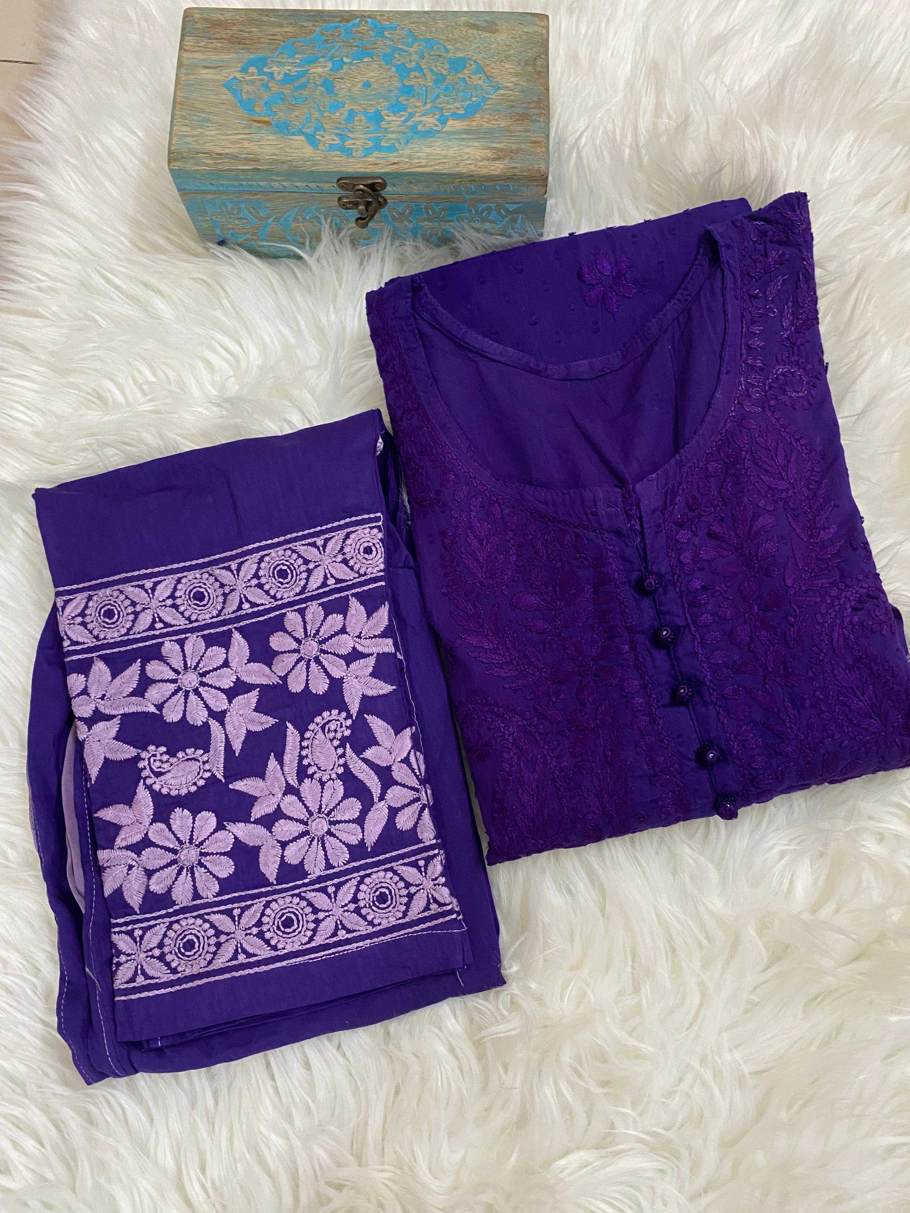 Deep Purple Cotton Chikankari Hand Work Kurti Pant Sets
