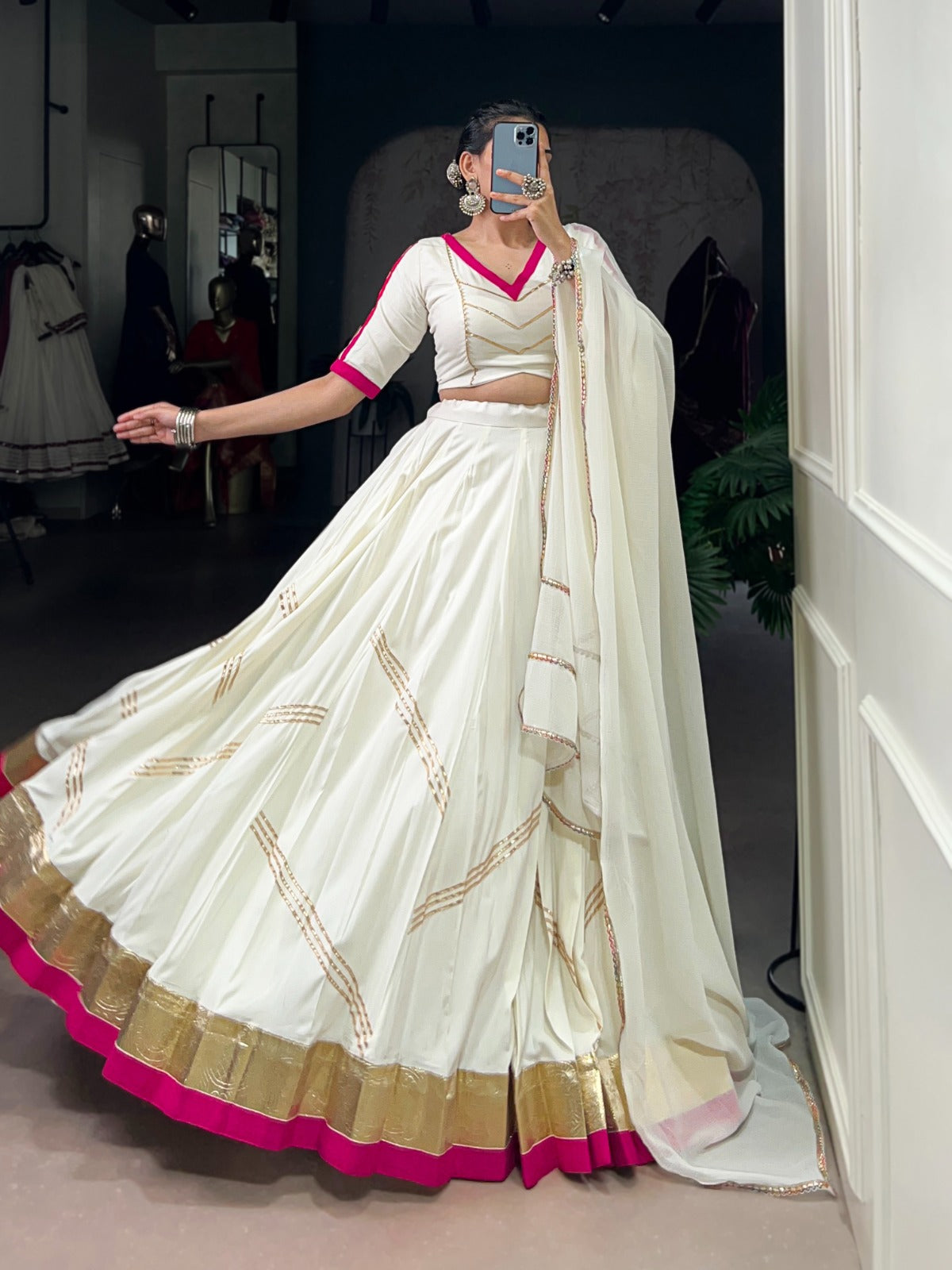 Elegant White Pure Rayon Lehenga Set with Mirror Work & Gota Patti Detailing