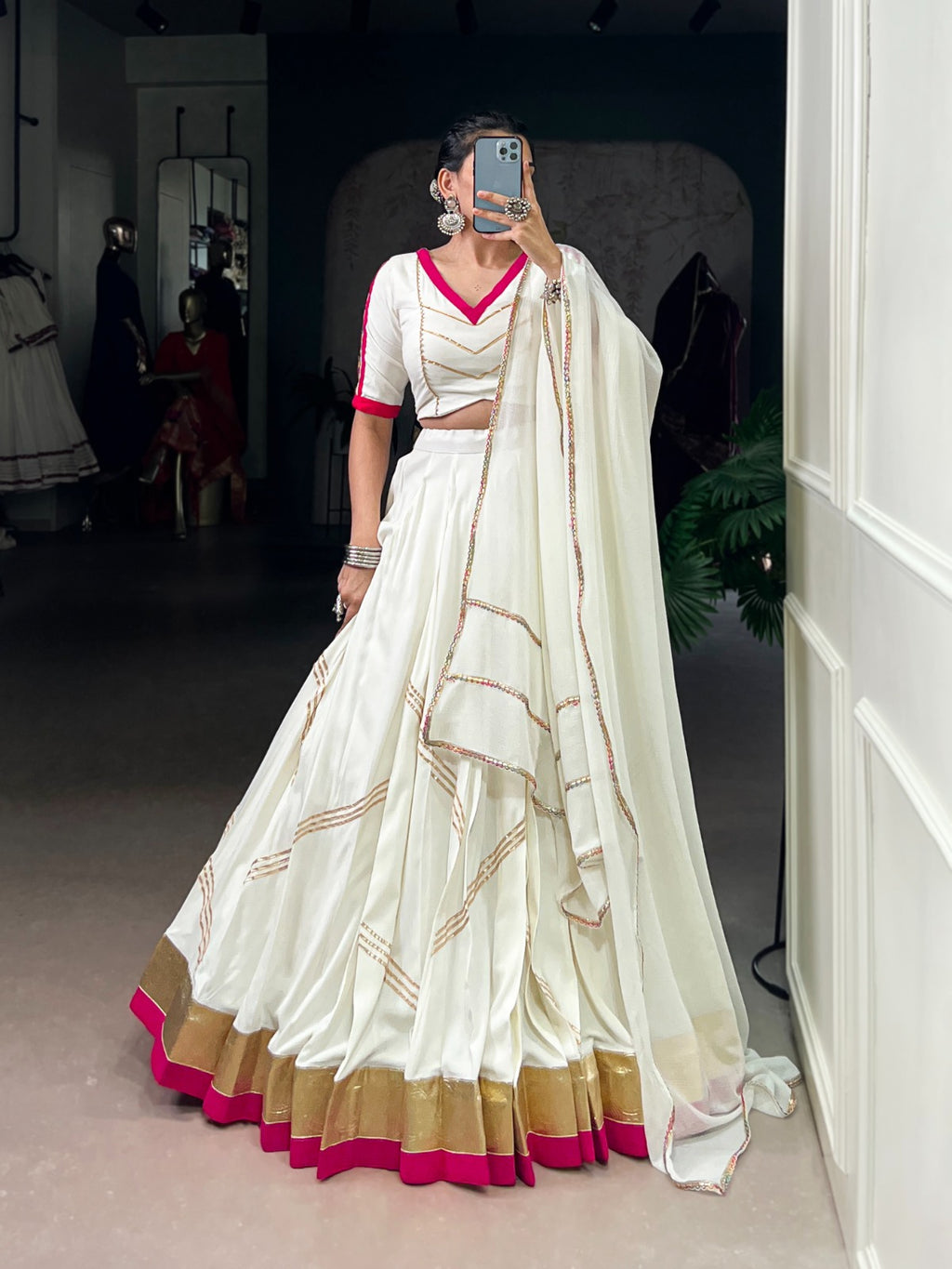 Elegant White Pure Rayon Lehenga Set with Mirror Work & Gota Patti Detailing