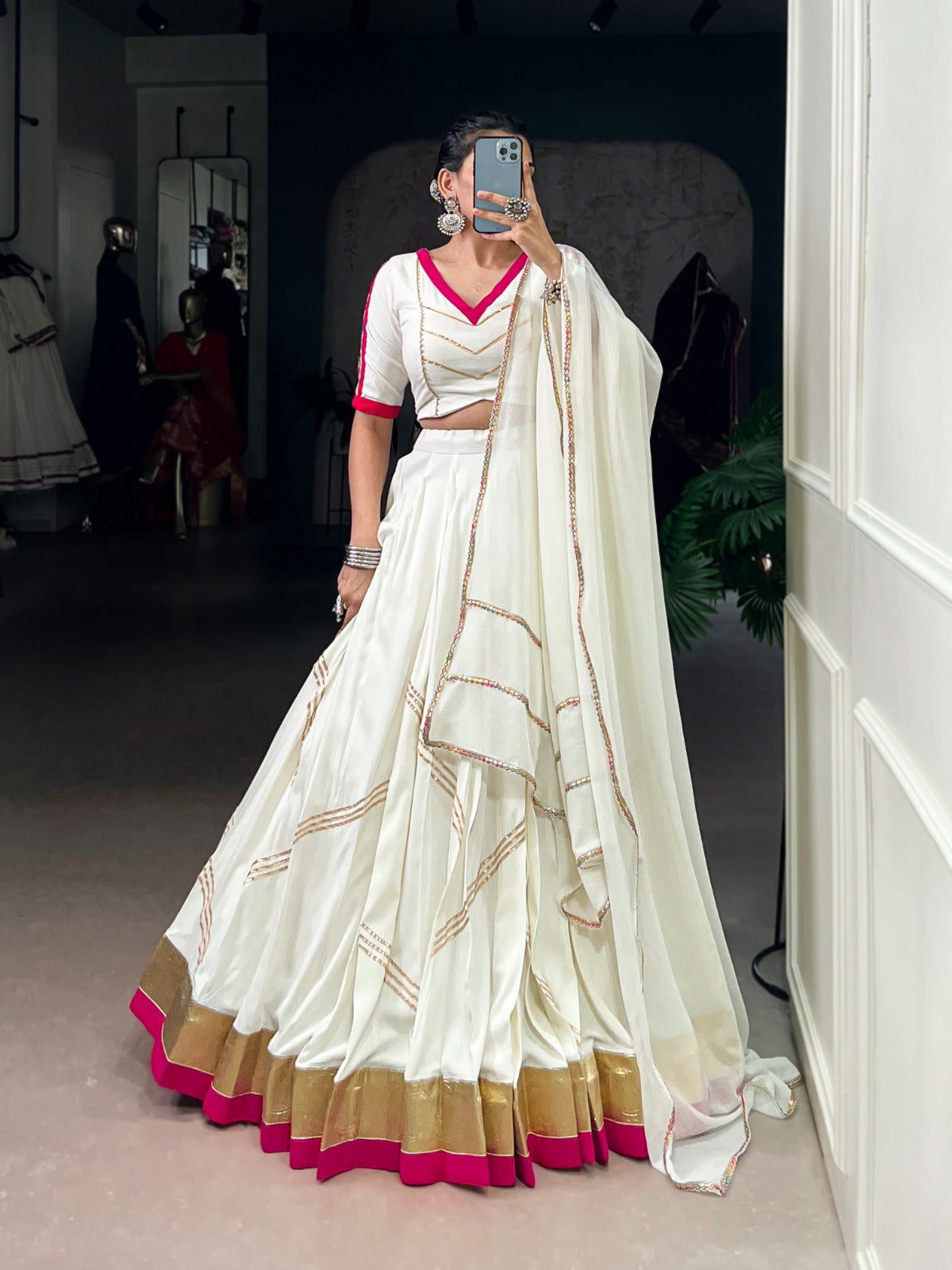 Elegant White Pure Rayon Lehenga Set with Mirror Work & Gota Patti Detailing