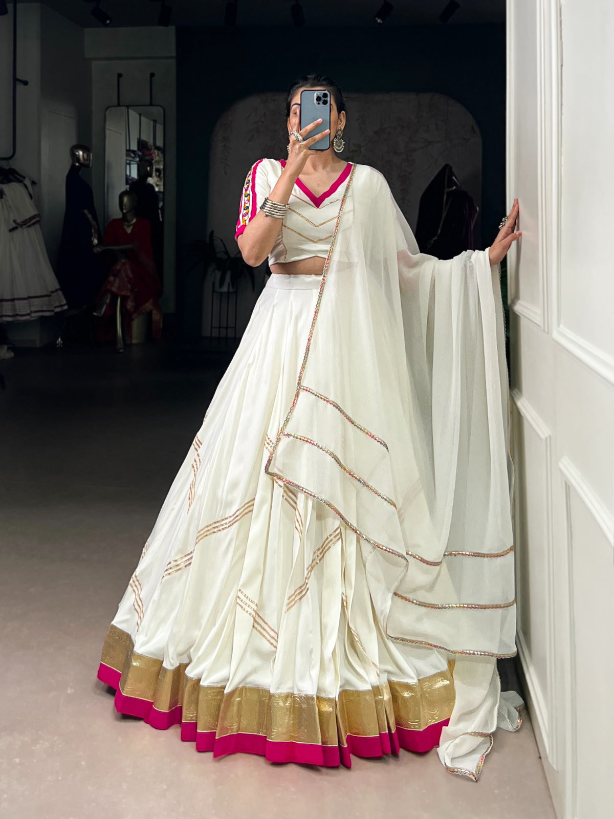 Elegant White Pure Rayon Lehenga Set with Mirror Work & Gota Patti Detailing