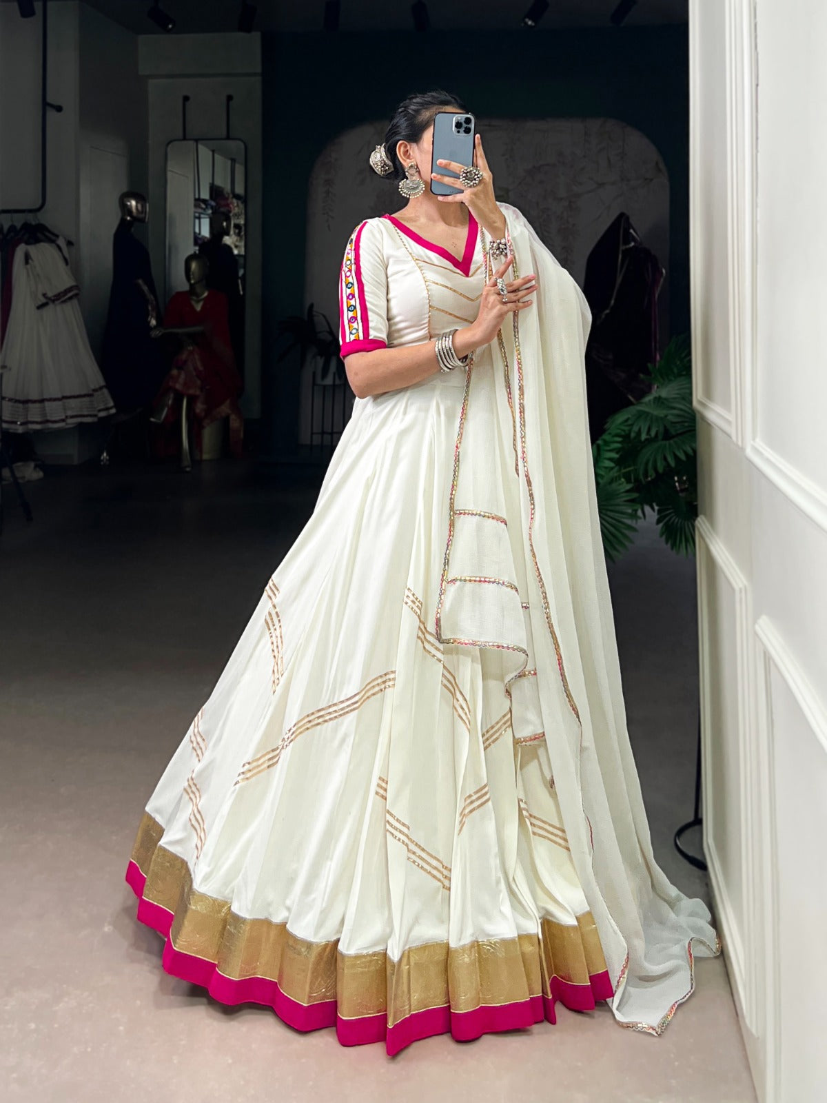 Elegant White Pure Rayon Lehenga Set with Mirror Work & Gota Patti Detailing