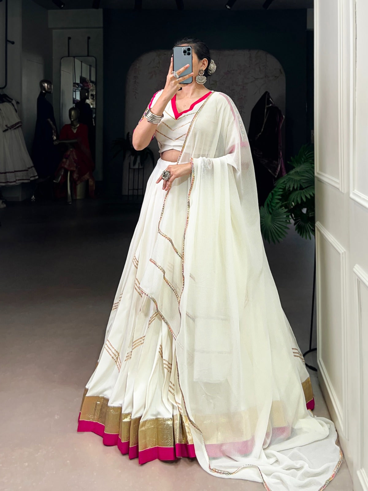 Elegant White Pure Rayon Lehenga Set with Mirror Work & Gota Patti Detailing