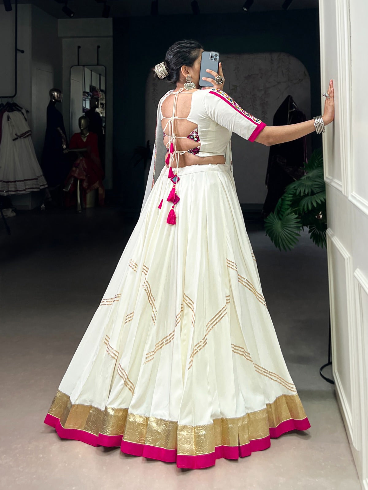 Elegant White Pure Rayon Lehenga Set with Mirror Work & Gota Patti Detailing