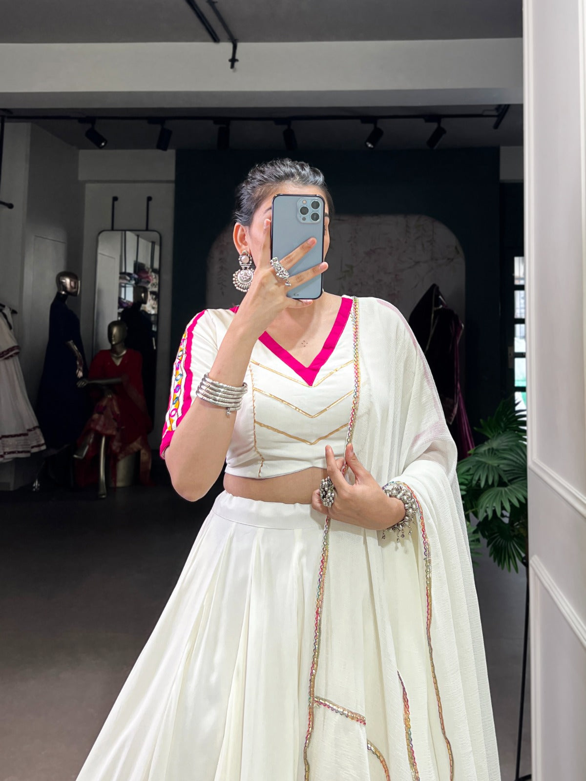 Elegant White Pure Rayon Lehenga Set with Mirror Work & Gota Patti Detailing