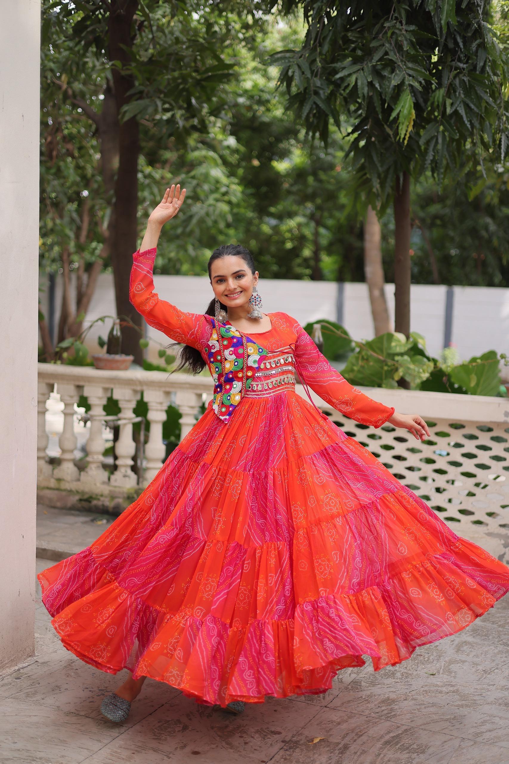 Elegant Orange Laheriya Bandhej Gown