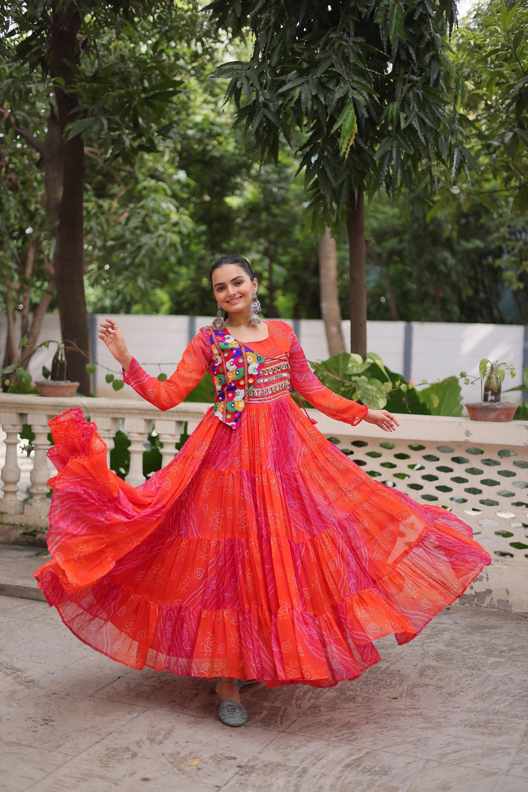 Elegant Orange Laheriya Bandhej Gown