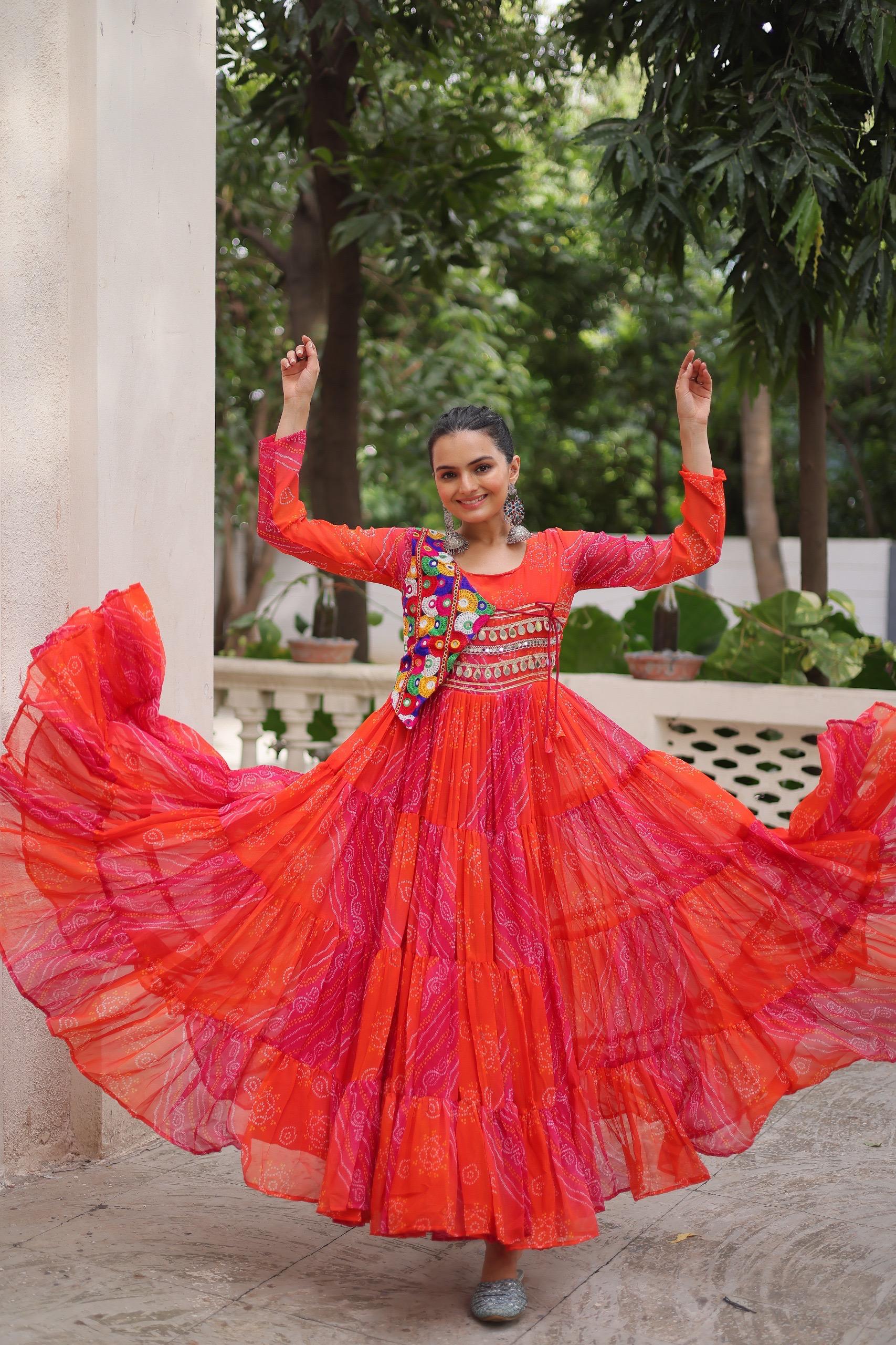 Elegant Orange Laheriya Bandhej Gown