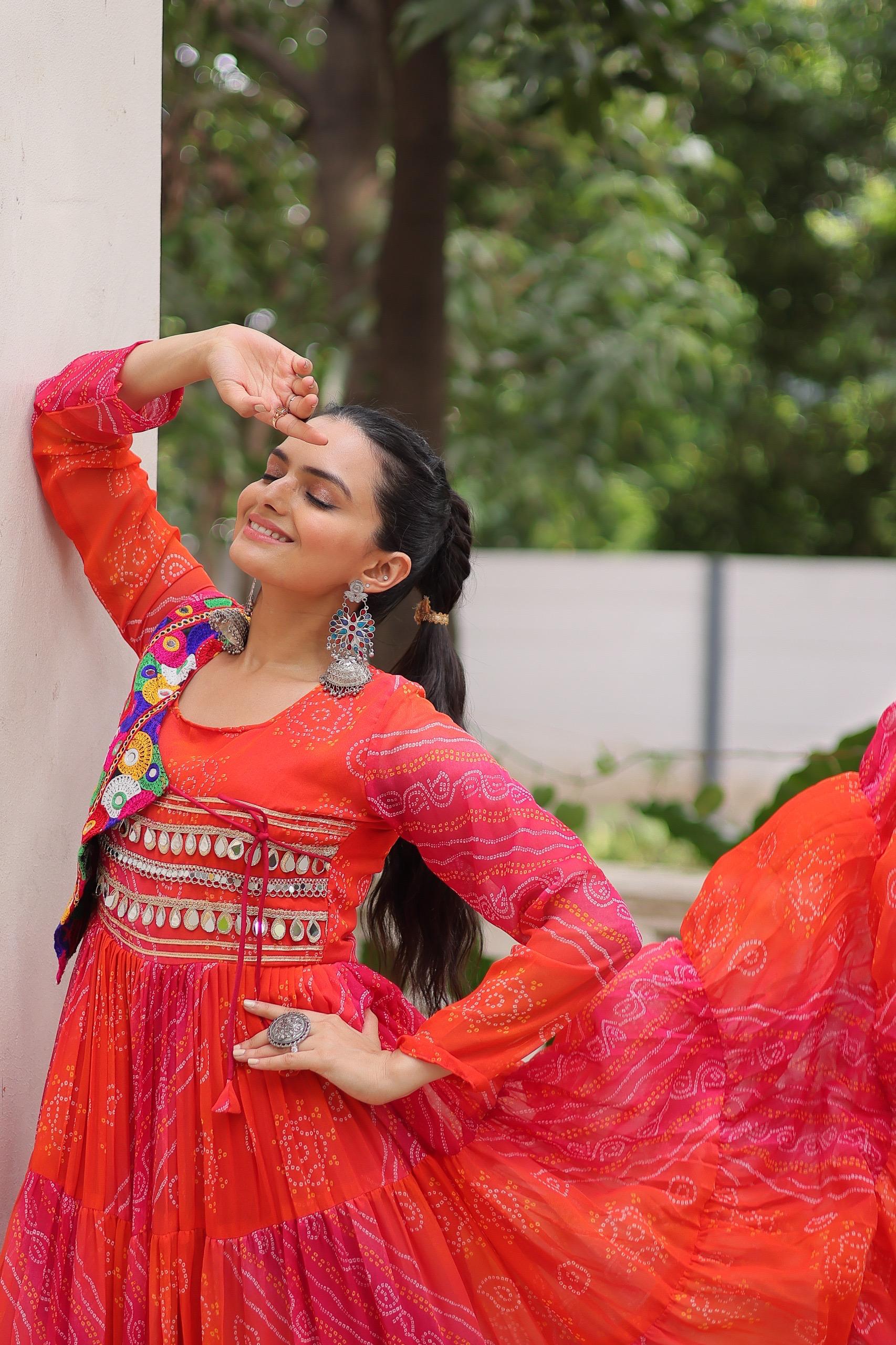 Elegant Orange Laheriya Bandhej Gown