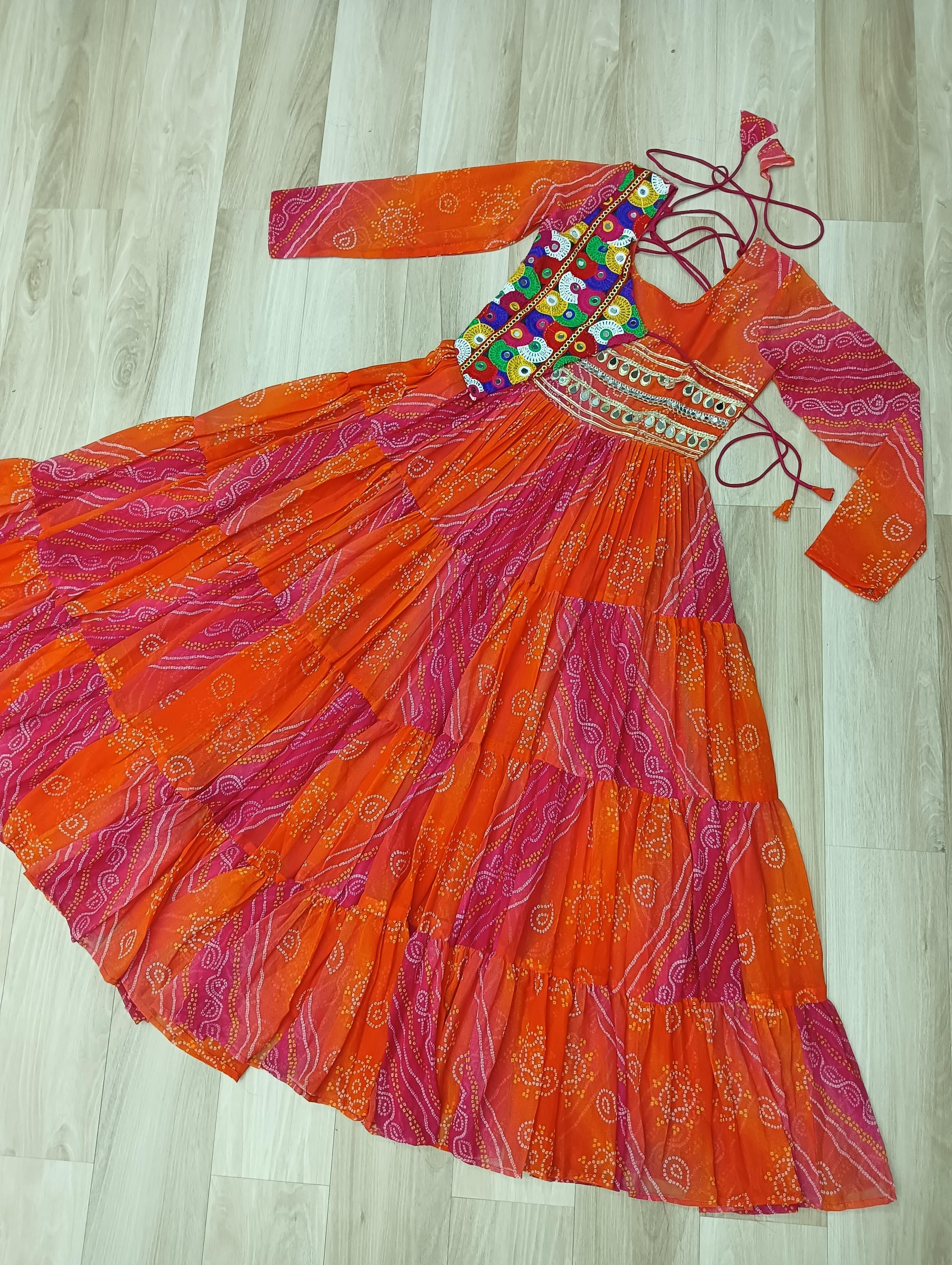 Elegant Orange Laheriya Bandhej Gown