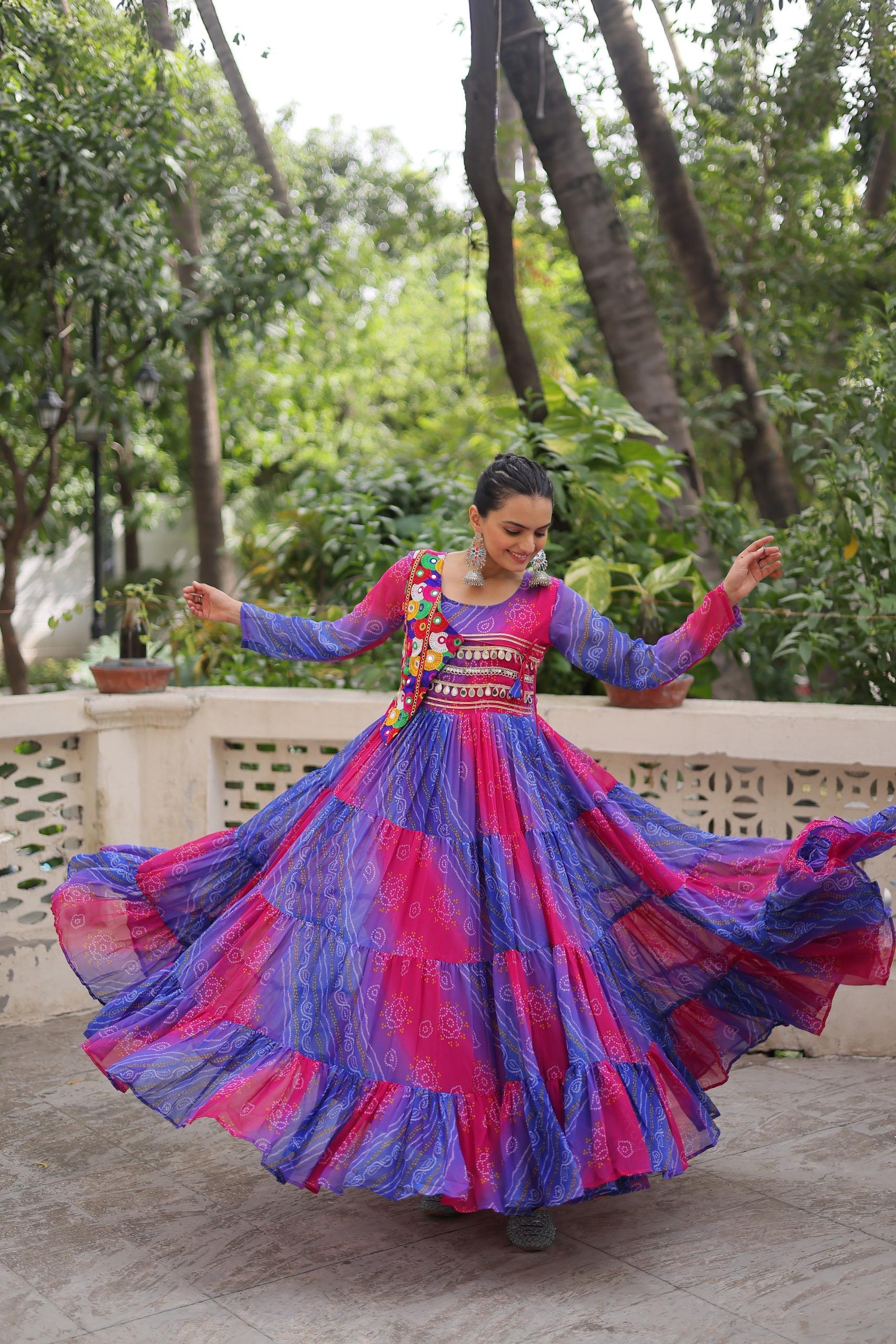 Blue & Red Bandhej Laheriya Gown with Kutchi Patch Work