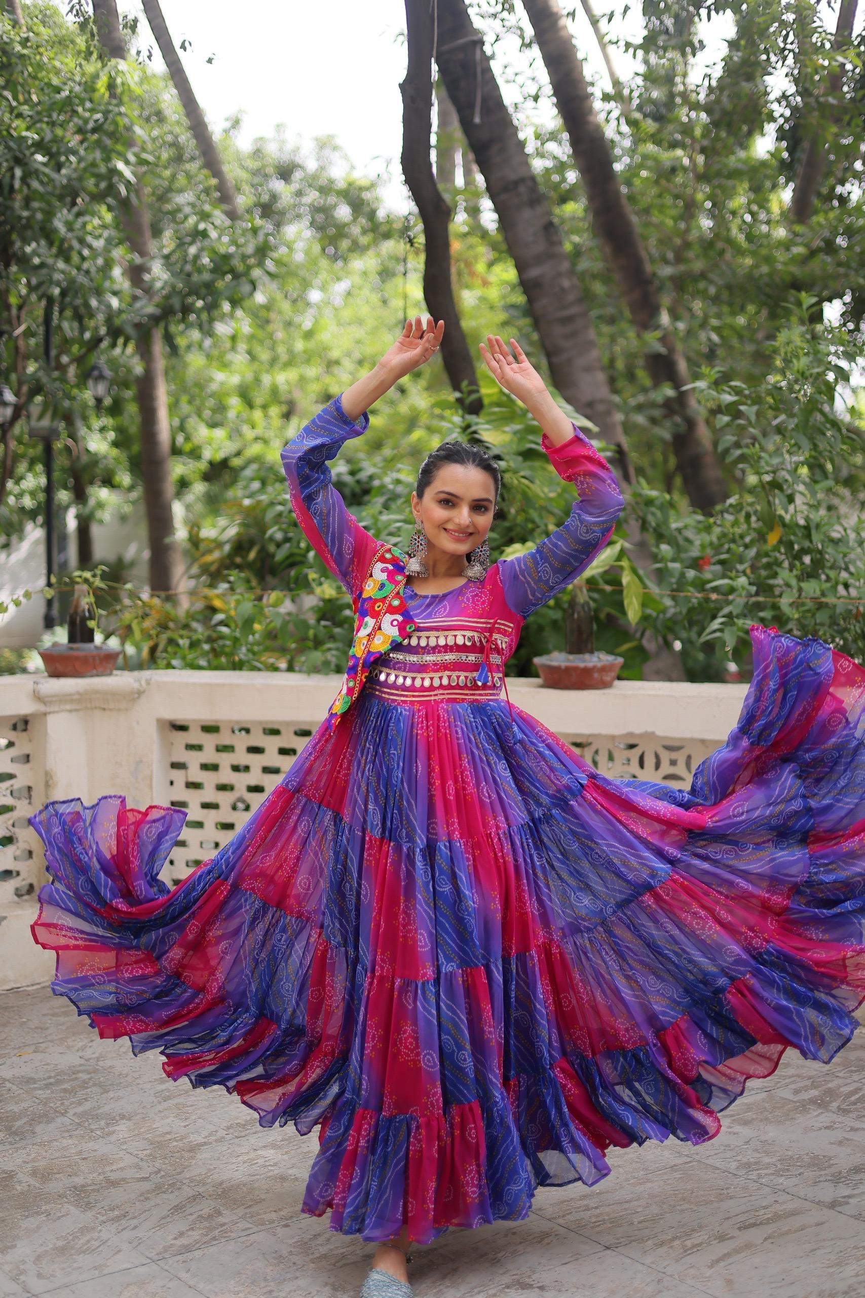 Blue & Red Bandhej Laheriya Gown with Kutchi Patch Work