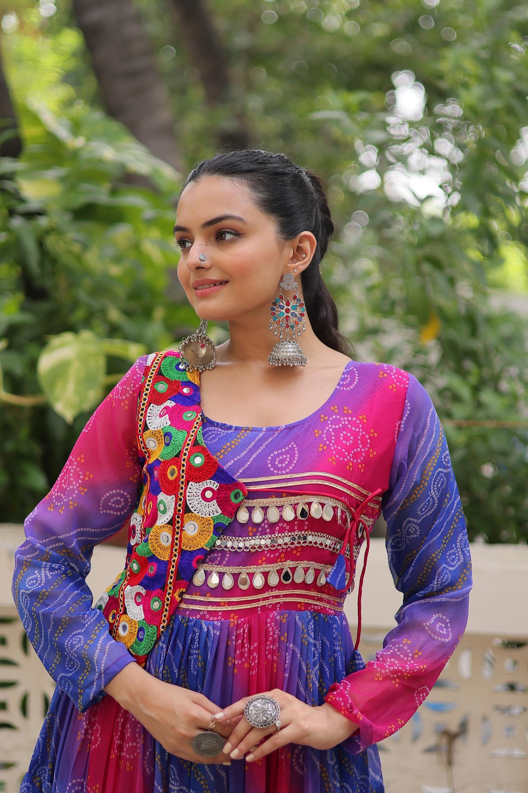 Blue & Red Bandhej Laheriya Gown with Kutchi Patch Work