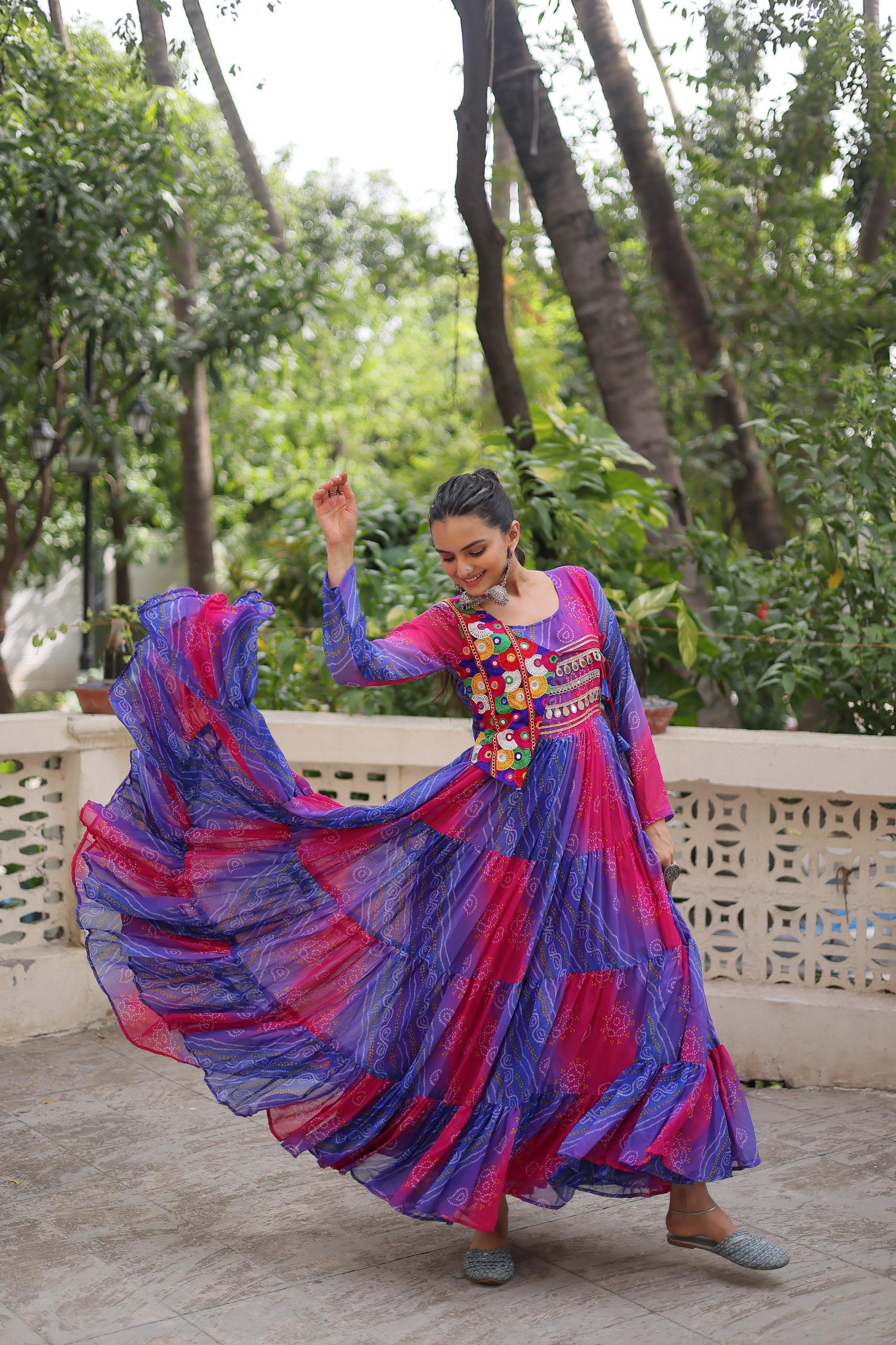 Blue & Red Bandhej Laheriya Gown with Kutchi Patch Work